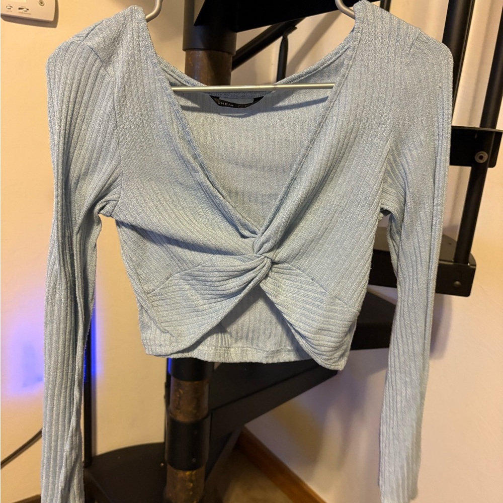 Light Blue Ribbed Knot Front Top